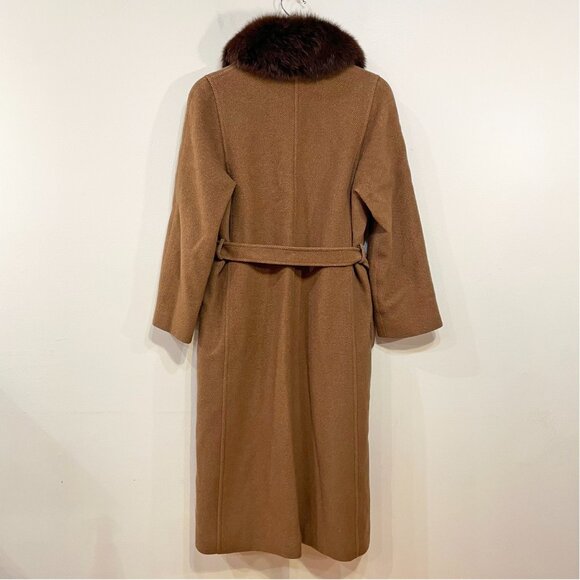 EUC Vintage 100% Wool Genuine Fur Collar Belted Coat Brown XS-S fit - Picture 2 of 6